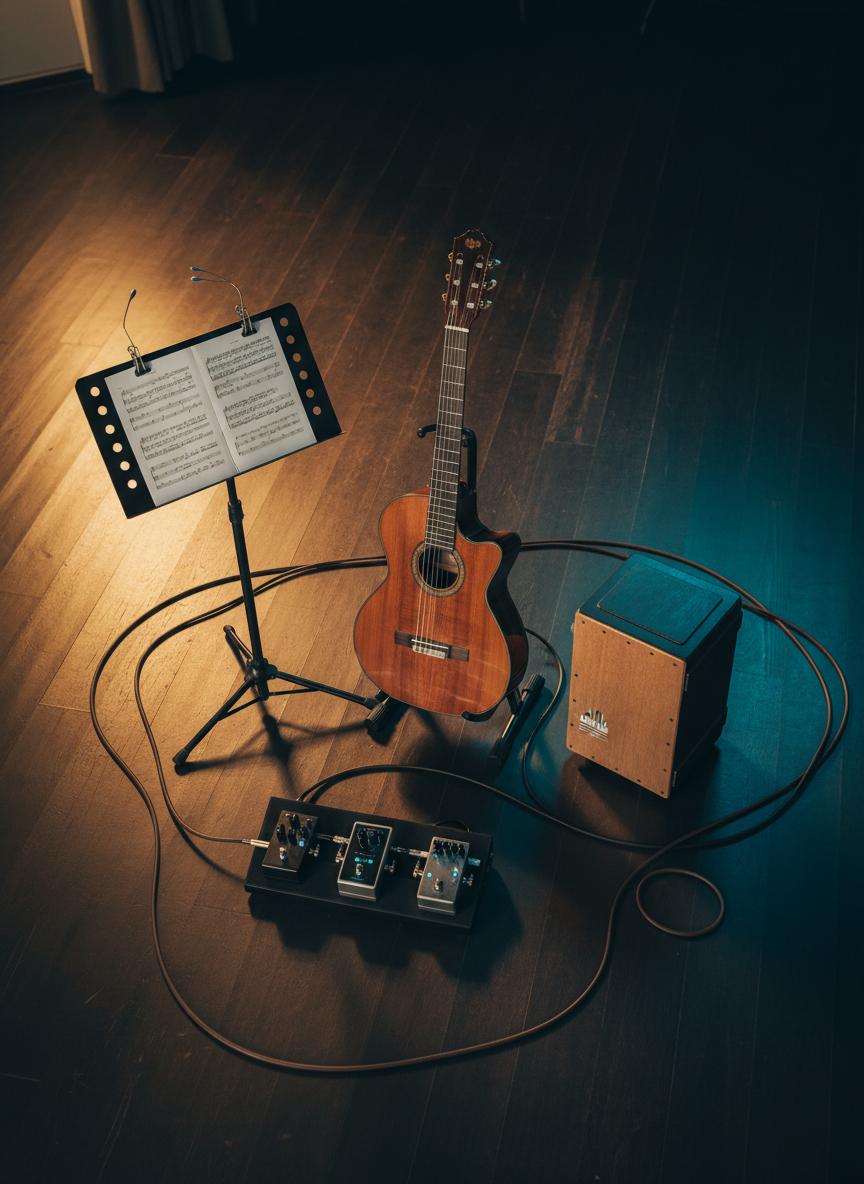 An overhead, photographic composition of a small live acoustic setup on a dark wooden stage floor: a hand-finished classical guitar on a padded stand, a compact wooden cajón, a slim black music stand displaying neatly printed sheet music, and a pedalboard with a few high-end acoustic preamp pedals glowing softly. Coiled instrument cables form graceful curves around the gear. Soft golden hour light from an unseen side window merges with subtle overhead stage LEDs, creating a warm, inviting gradient of light and soft shadows between objects. The scene feels calm yet ready, with crisp detail on every surface and a minimalist, professional aesthetic emphasizing order, preparation, and the immersive potential of an upcoming live performance, all captured with sharp focus and balanced framing.