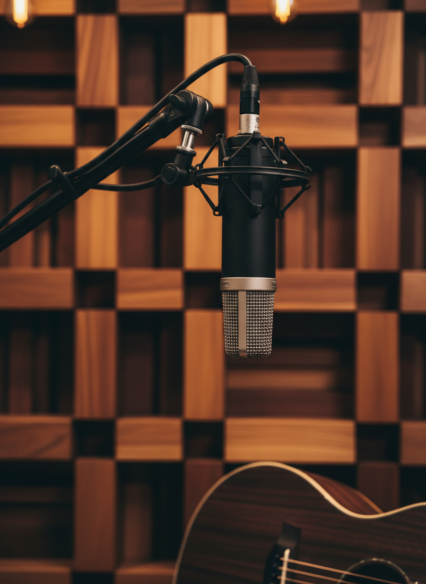 A refined, photographic close-up of a dynamic studio microphone with a matte black body and silver grille, suspended in a shock mount on a boom arm, positioned in front of a richly textured wooden acoustic diffuser wall. Below, the edge of a dark walnut guitar body just enters the frame, its curves softly lit. Gentle, warm tungsten spotlighting from above creates delicate highlights on the microphone’s metallic mesh and subtle reflections on the varnished wood, while the rest of the room falls into a tasteful, soft-focus bokeh. Shot from a slightly low angle using the rule of thirds, the image exudes a professional, intimate, immersive live session ambiance, emphasizing precision sound capture and acoustic warmth with no performers visible.