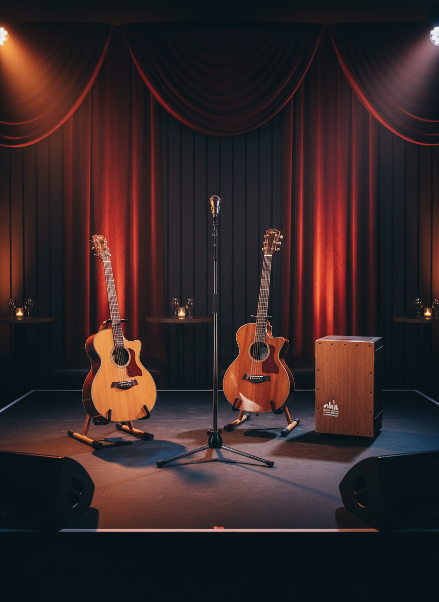 A meticulously arranged live music stage without performers, featuring a pair of high-end wooden acoustic guitars on polished stands, a rich mahogany cajón, and a sleek black condenser microphone on a chrome stand at center. The scene is set in an intimate club with dark acoustic panels, velvet curtains, and discreet floor monitors. Warm amber and soft blue stage lights create a photographic realism with gentle reflections on lacquered wood and brushed metal, casting long, cinematic shadows across the matte black floor. Shot at eye level with a slightly wide angle, the composition uses the rule of thirds, with a shallow depth of field blurring the empty tables and candlelit glasses in the background, conveying a professional, immersive, anticipatory atmosphere.