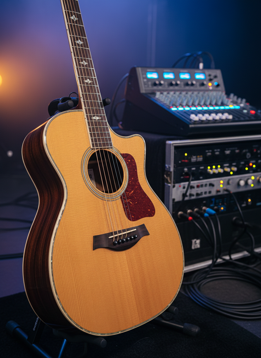 A close-up, photographic view of an elegant acoustic guitar’s soundhole and strings, crafted from glossy honey-colored spruce with a deep rosewood fretboard, resting on a black velvet-lined stand. Behind it, a well-organized live setup shows a compact analog mixing console with glowing LED meters, neatly coiled XLR cables, and a subtle rack of effects units. Cool, diffused stage lighting mixes with a discreet warm spotlight from the side, highlighting wood grain and metal tuning pegs while leaving the background tastefully blurred. Captured with a shallow depth of field and side-angled composition, the mood is refined, professional, and focused on sound quality and craftsmanship, perfectly evoking an immersive acoustic performance environment without showing any people.